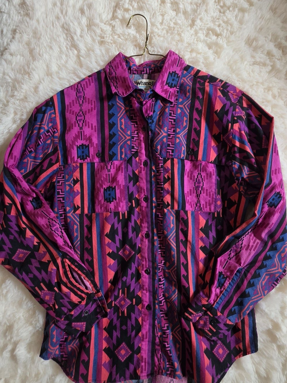 Vtg 90s Wrangler Vibrant Aztec Print Button-Up Brushpopper Womens Size Large